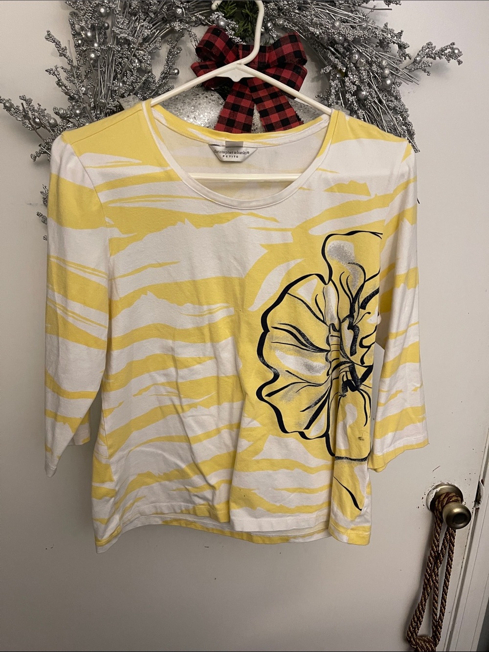 Christopher & Banks White and Yellow Striped Floral Scoop Neck Top
